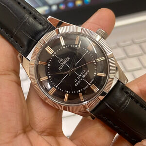 Vintage 1983 Roamer Manual Mens Silver Watch W/Leather Strap & Black accents